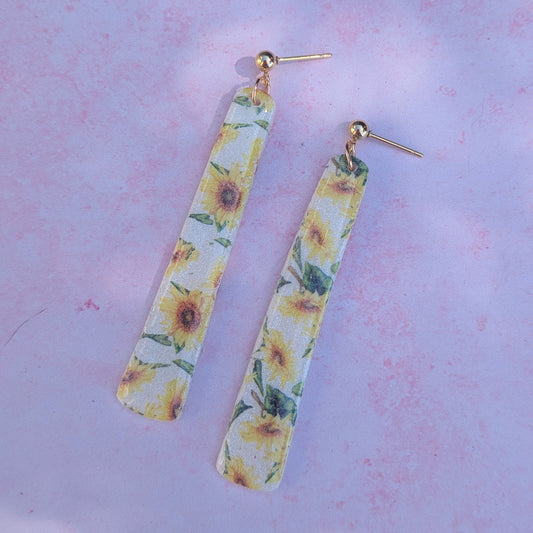 Sunflower Print Long Stud Drops