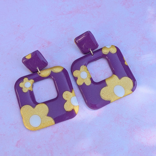 Yellow & Purple Floral Print Square Stud Drops