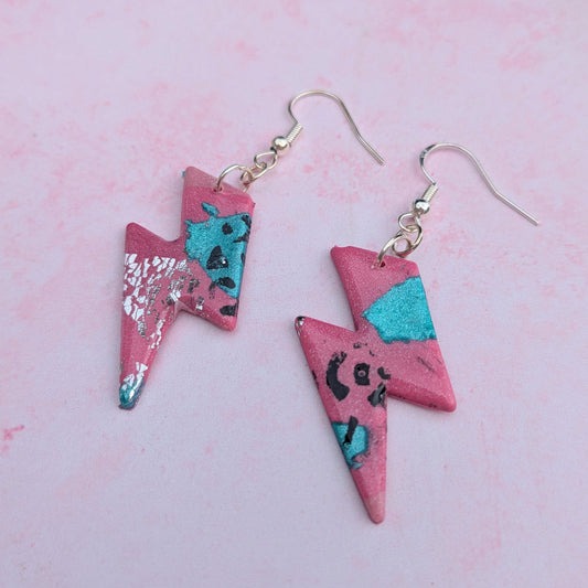 Pink & Turquoise Animal Print Lightning Bolt Drops