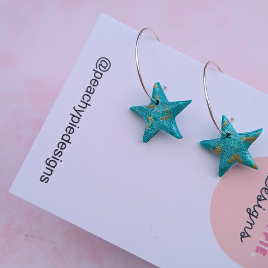 Turquoise & Gold Star Hoops