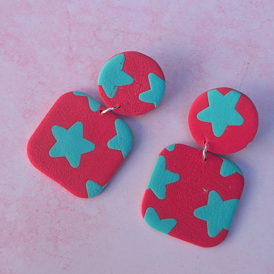 Deep Pink & Blue Star Stud Drops