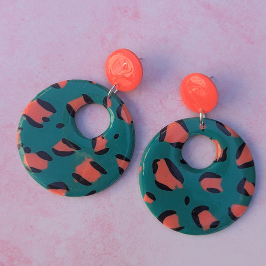 Green & Coral Animal Print Circle Stud Drops