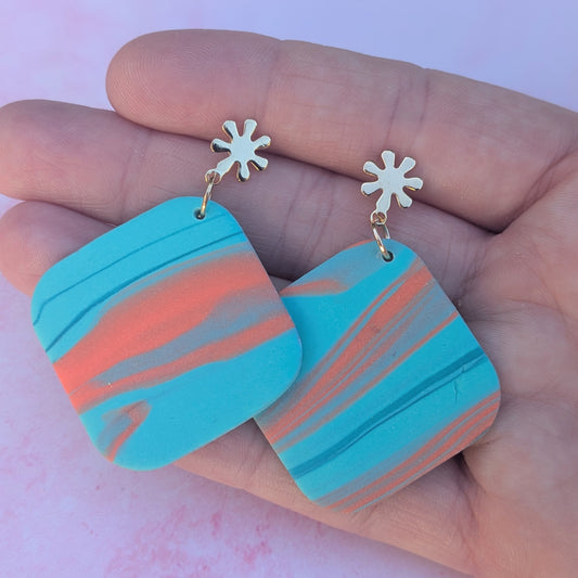 Zero Waste Blue & Coral Square Earrings