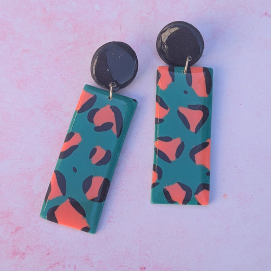Green & Coral Leopard Print Rectangle Stud Drops