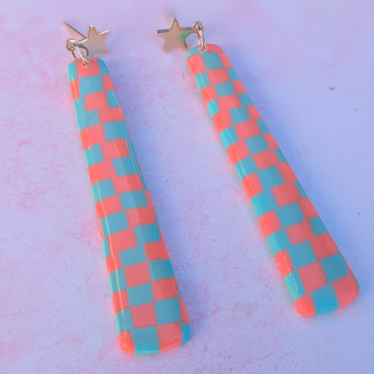 Coral & Turquoise Long Chequered Stud Drops