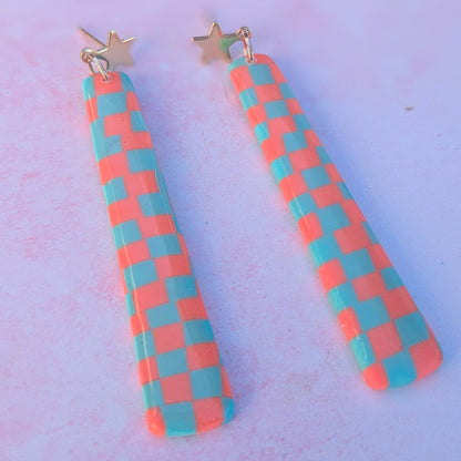 Coral & Turquoise Long Chequered Stud Drops
