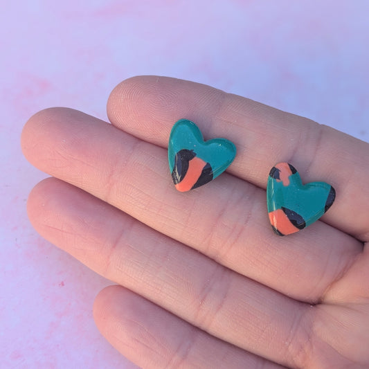 Green & Coral Leopard Print Heart Studs