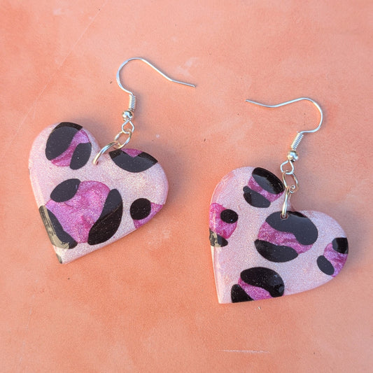 Double Pink Leopard Print Heart Earrings