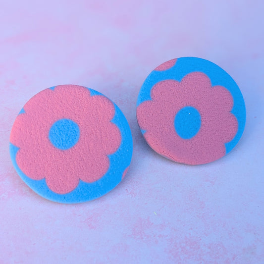 Oversized Pink & Blue Floral Print Circle Studs