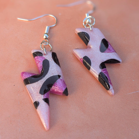 Double Pink Leopard Print Lightning Bolt Earrings