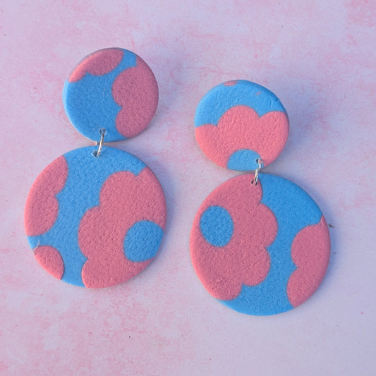 Pink & Blue Floral Print Circle Stud Drops