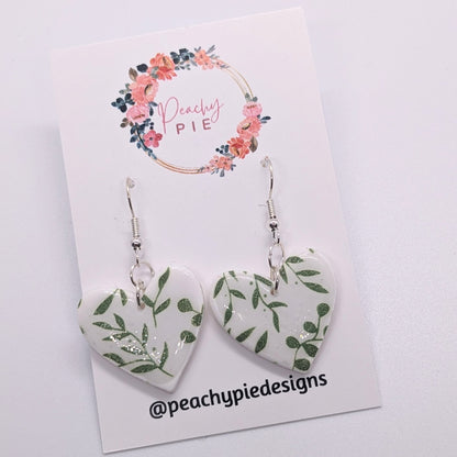 Green and White Floral Heart Drop Earrings