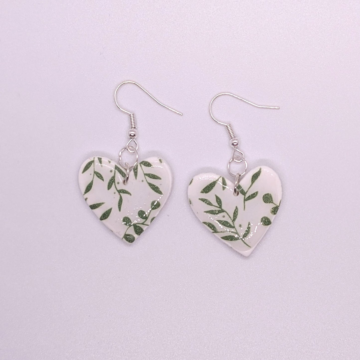 Green and White Floral Heart Drop Earrings