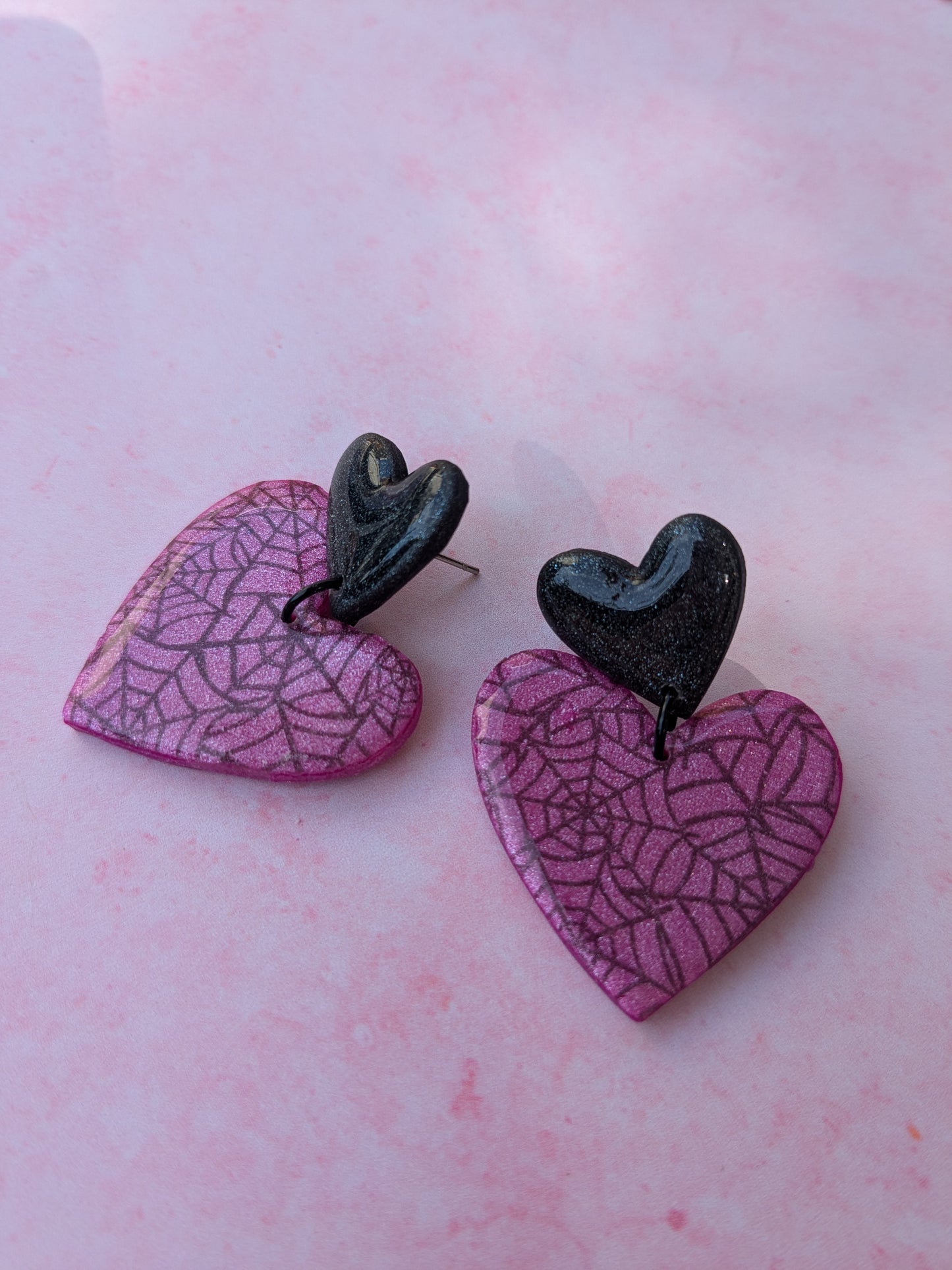 Pink and Black Spider Web Print Heart Stud Drop Earrings