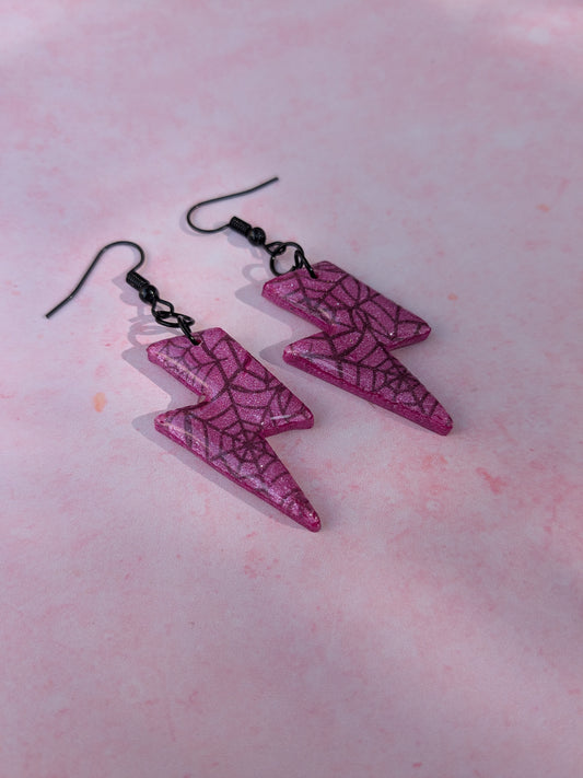 Pink and Black Spider Web Print Lightning Bolt Drop Earrings