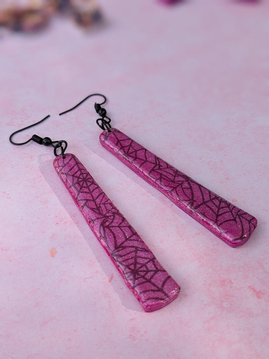 Pink and Black Spider Web Print Long Drop Earrings