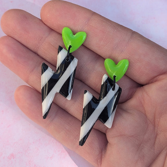 Green, Black and White Striped Lightning Bolt Stud Drop Earrings