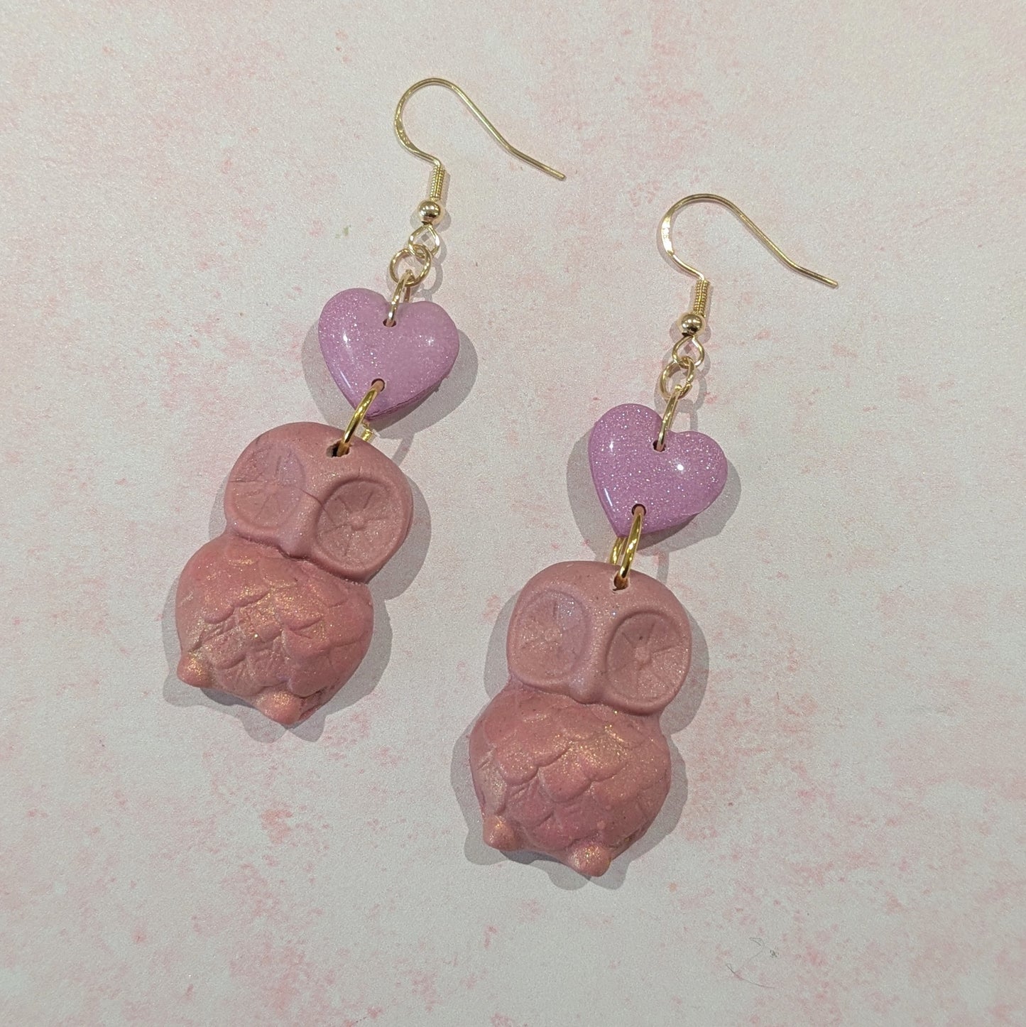 Pink Owl Heart Drop Earrings