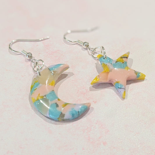 Spring Colour Mix Star & Moon Drop Earrings