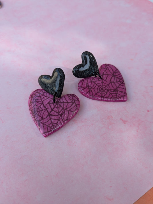 Pink and Black Spider Web Print Heart Stud Drop Earrings